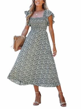 Cupshe Ditsy Floral Print Smocked Midi Dress, Size L